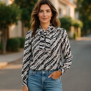 Vintage PussyBow Blouse Women's Size 18/20 Large Made In USA Semi Sheer XL LNC